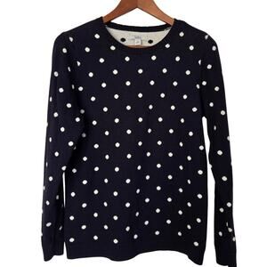 Preppy Classic Navy Blue White Polka Dot Soft Long Sleeve Sweater Ribbed Trim M